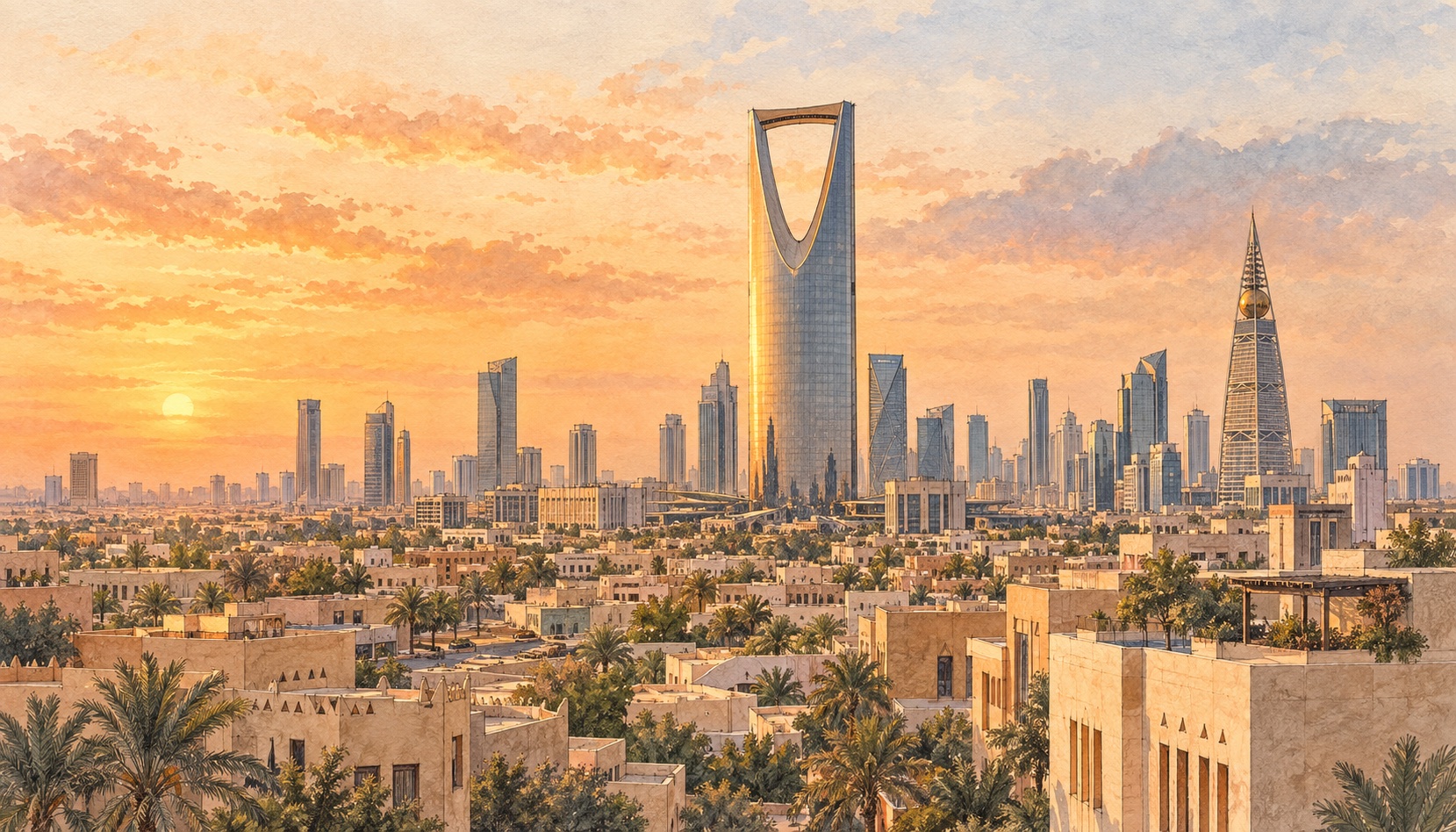 AI-generated architectural illustration of the Riyadh skyline at sunset